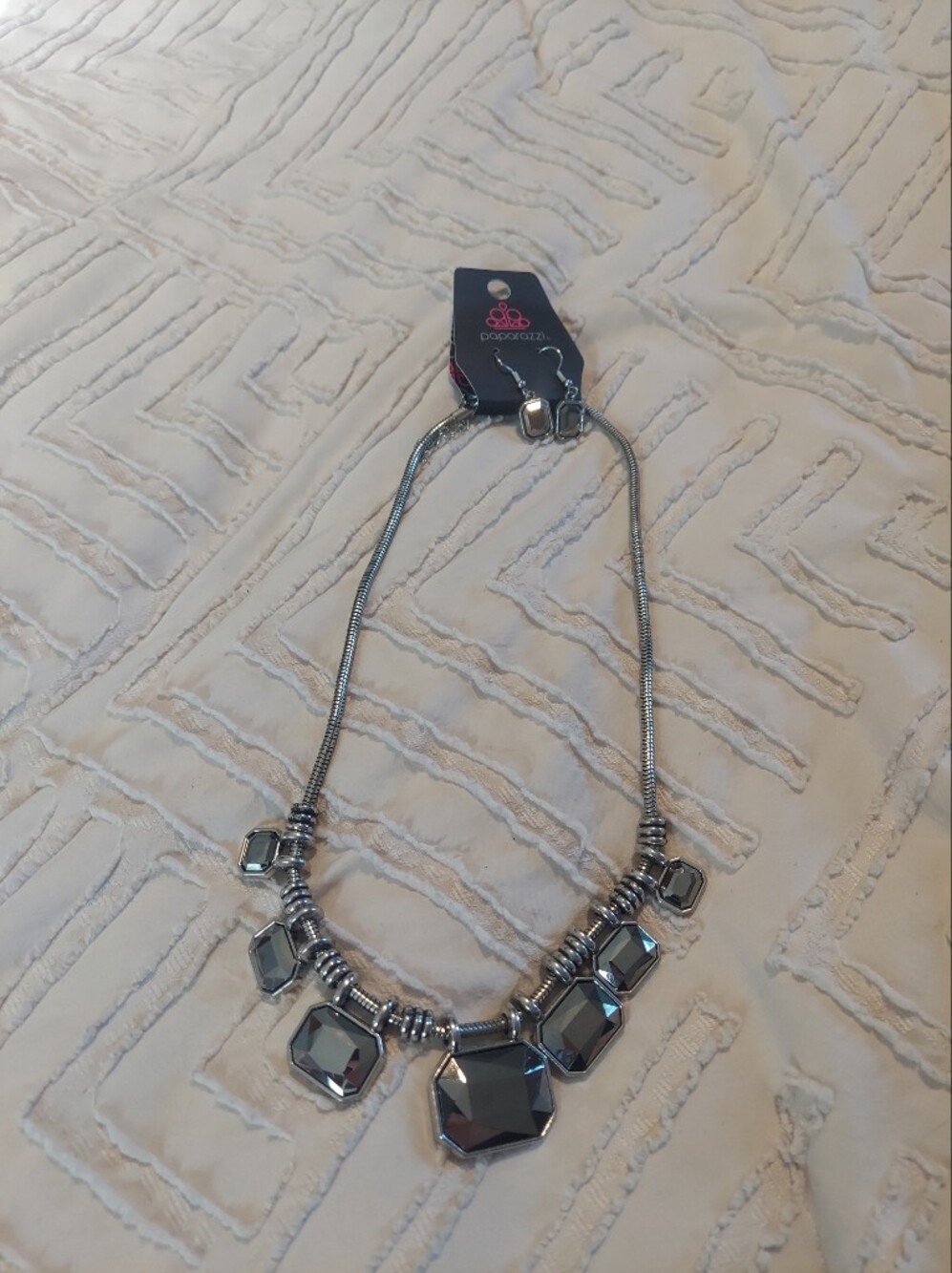 Paparazzi Silver & Smoky Grey Emerald-Cut Gem Statement Necklace & Earring Set,